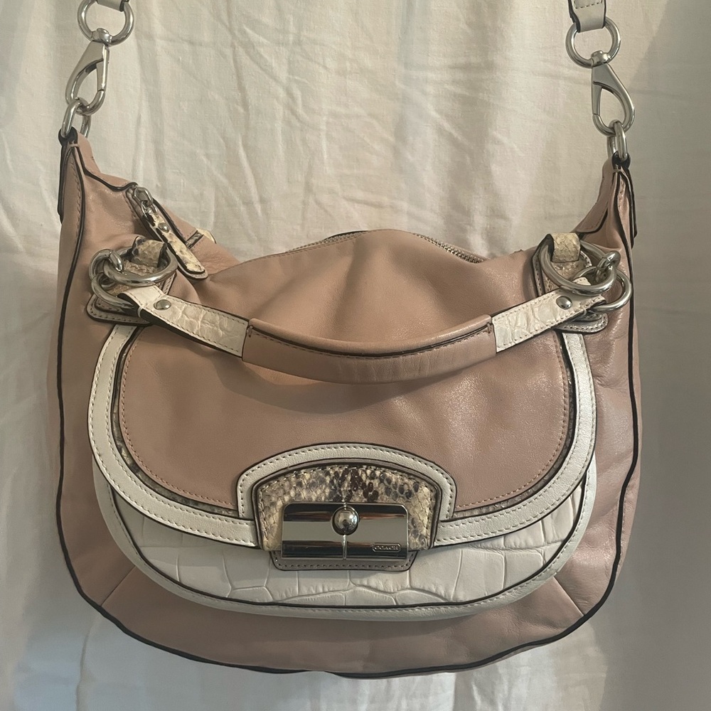 Coach Pink and Cream Hobo Bag with Flap-Over Design